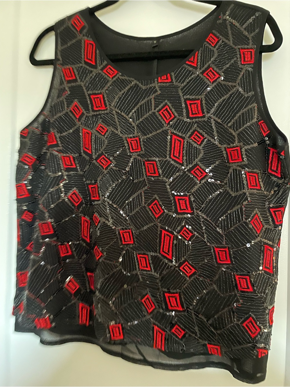 Black Beaded and Embroidered Sleeveless Camisole with Red Geometric Embroidery